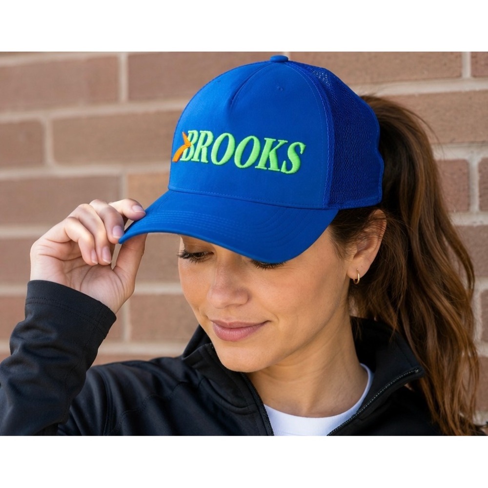 Brooks Running Blue Mesh Trucker Hat Snapback OSFA Cap Embroidered